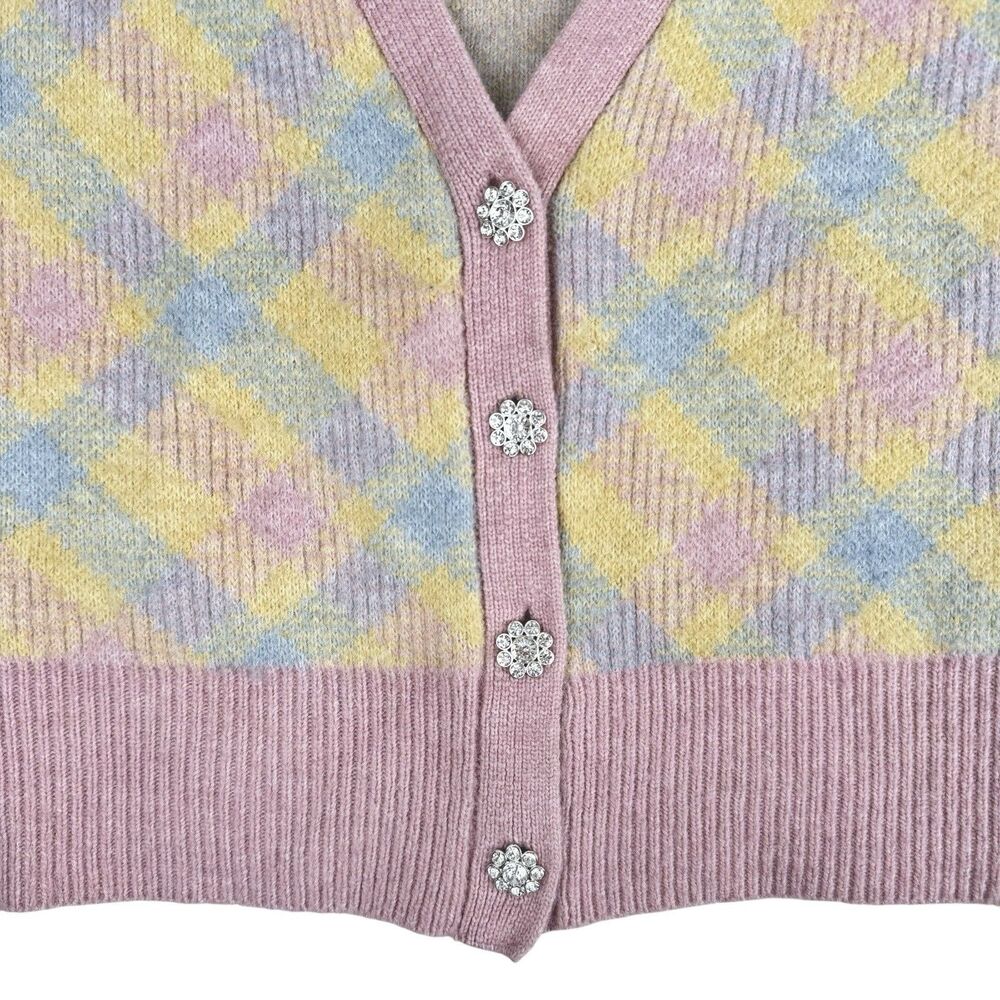 Zara Pastel Argyle Cardigan Womens S Rhinestone Button Preppy Soft Girl Academia - Picture 5 of 13